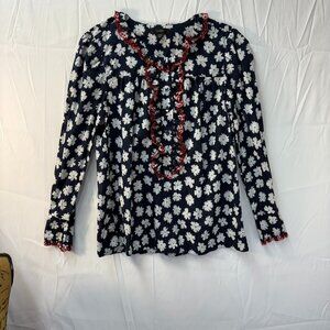 VTG J. Crew Blue Floral Top with White Ruffles Button Front Long Sleeves